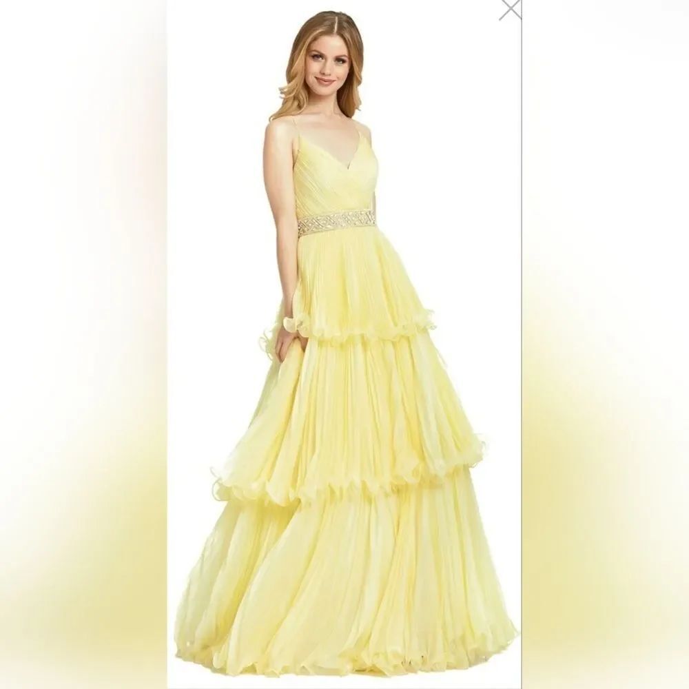 Mac Duggal 48857 Tiered Skirt Embellished Gown NWOT Size 0 Buttercup Yellow